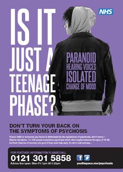 Poster from the Birmingham campaign, ‘Don’t Turn Your Back on the Symptoms of Psychosis’.